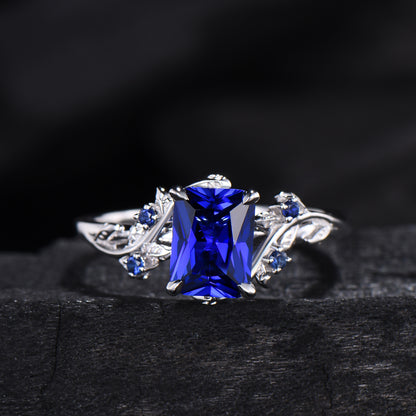 Vintage Emerald cut blue sapphire engagement ring set Nature inspired sapphire wedding ring set white gold leaf vine bridal set for women