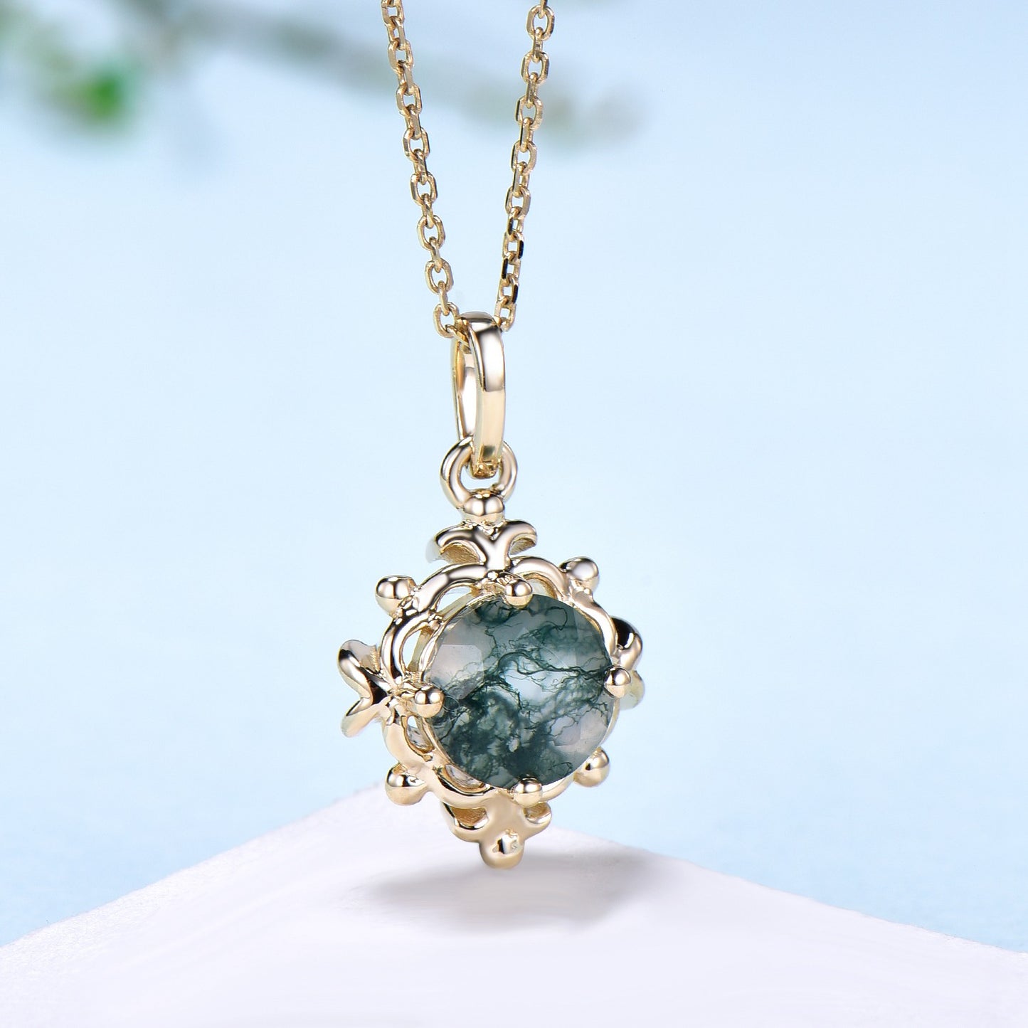 Moss Agate Pendant Necklace Magic Crescent Moon 1CT Round Aquatic Agate Floral  Retro Vintage Agate Pendant Anniversary gift for women - PENFINE