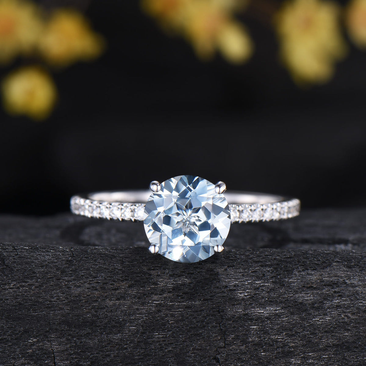 7mm Round Cut Aquamarine Engagement Ring Set - Diamond Wave Wedding Band