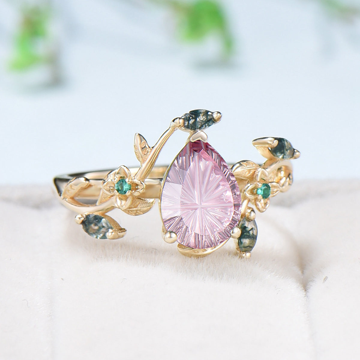 Teardrop Shaped Fantasy Cut Ruby Frog Engagement Ring Emerald 3 Stone Ring
