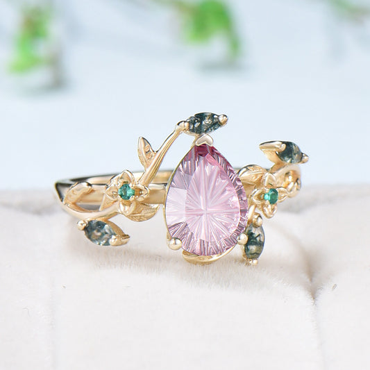 Teardrop Shaped Fantasy Cut Ruby Frog Engagement Ring Emerald 3 Stone Ring
