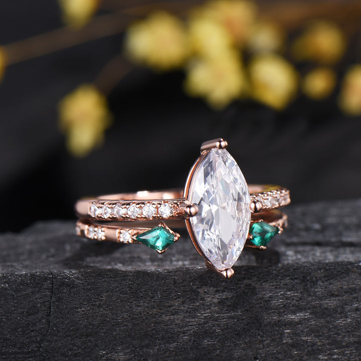 1CT IGI Certified Marquise Cut Lab Grown Diamond Engagement Ring Set 14K Rose Gold Pave Diamond Bridal Wedding Jewelry Promise Gift