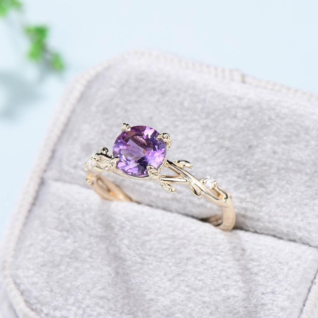 Round Purple Amethyst ring Leaf Engagement Ring 14K Yellow Gold Nature Inspired Wedding Ring Twig Unique Handmade Proposal Gifts for Women - PENFINE