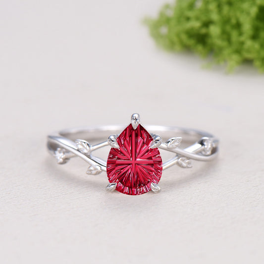 Vintage Starburst Cut Cornflower Red Ruby Wedding Ring Set - Pear Shaped Leaf Branch Bridal Set