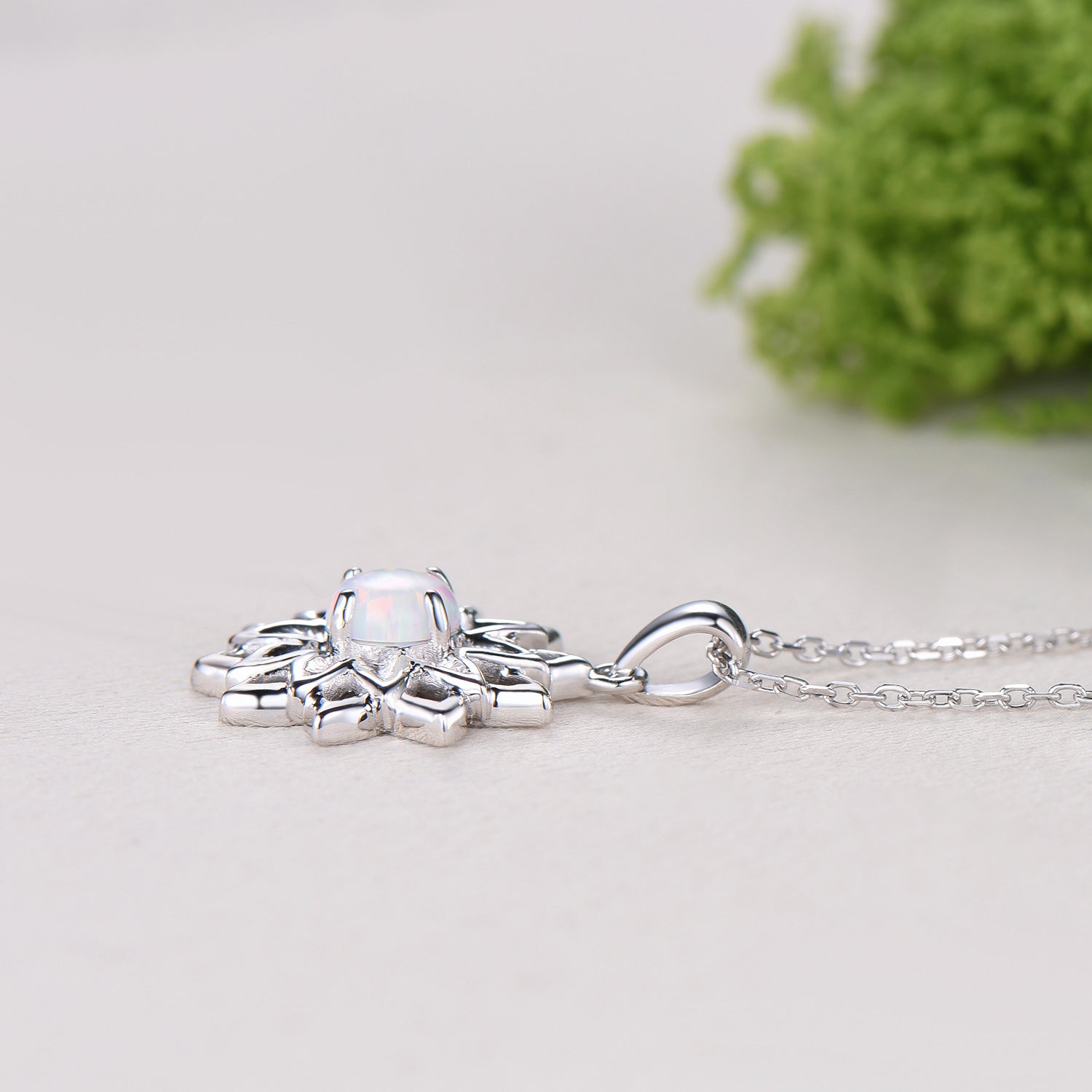 Vintage Sunflower White Opal Pendant Necklace fire opal leafy necklace elegant spinner pendant October birthstone anniversary gifts for mom