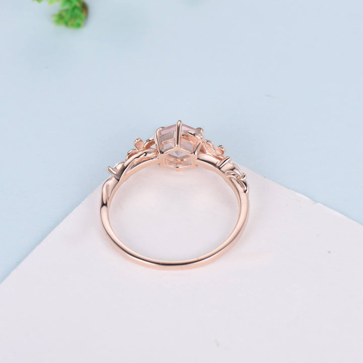 Nature Inspired Flower Rose Quartz Engagement Ring Vintage Unique Retro Pink Tourmaline Wedding Ring Leaves Twisted Wedding Ring For Women - PENFINE