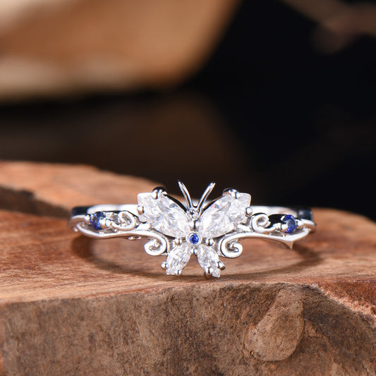 Handmade Butterfly Moissanite Engagement Ring, Sapphire Accent, White Gold