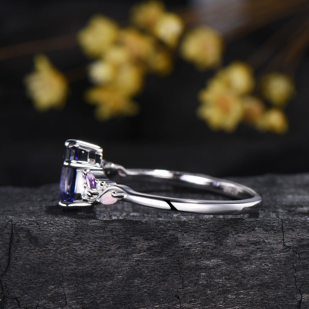 Celestial Tear Purple Sapphire Engagement Ring - Cluster Amethyst & Iridescent Opal Five Prongs