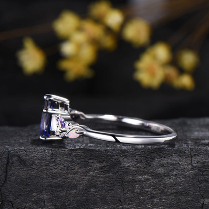 Celestial Tear Purple Sapphire Engagement Ring - Cluster Amethyst & Iridescent Opal Five Prongs