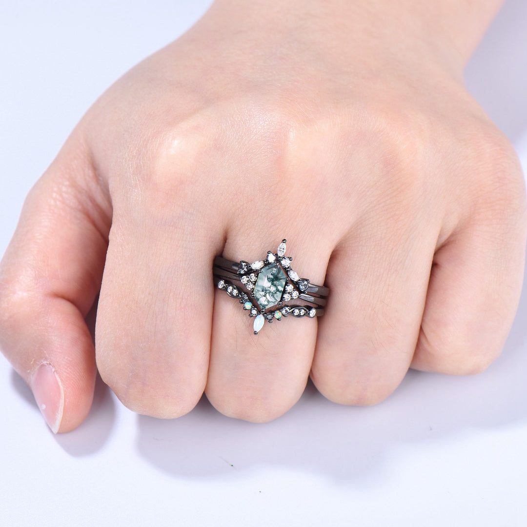 3pcs Black Gold Moss Agate Wedding Ring Set, Long Hexagon Natural Green Agate Gothic Engagement Ring, Unique Alexandrite Opal Stacking Band - PENFINE