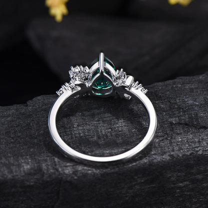 Vintage emerald engagement ring crescent moon pear shaped green gemstone promise ring Unique cluster moissanite anniversary gift for Women