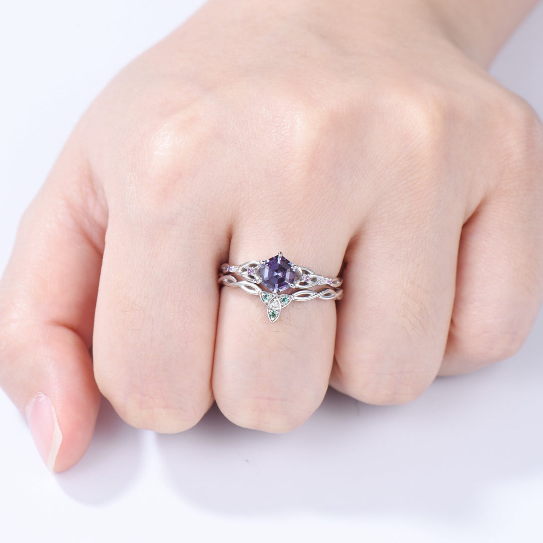 Norse Viking Hexagon Alexandrite Ring Set Celtic Love Knot Alexandrite Amethyst Engagement Ring Unique Twisted Wedding Ring Set For Women - PENFINE