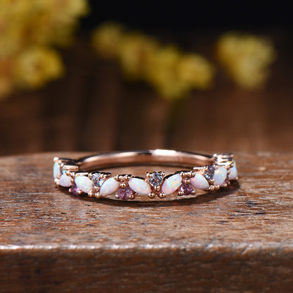 Marquise Opal Wedding Band: Alternative alexandrite amethyst Solid Gold Anniversary Ring