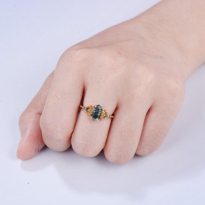 Elongated Hexagon Moss Agate Ring with Citrine Accents - Woodland Sunburst Ring - PENFINE