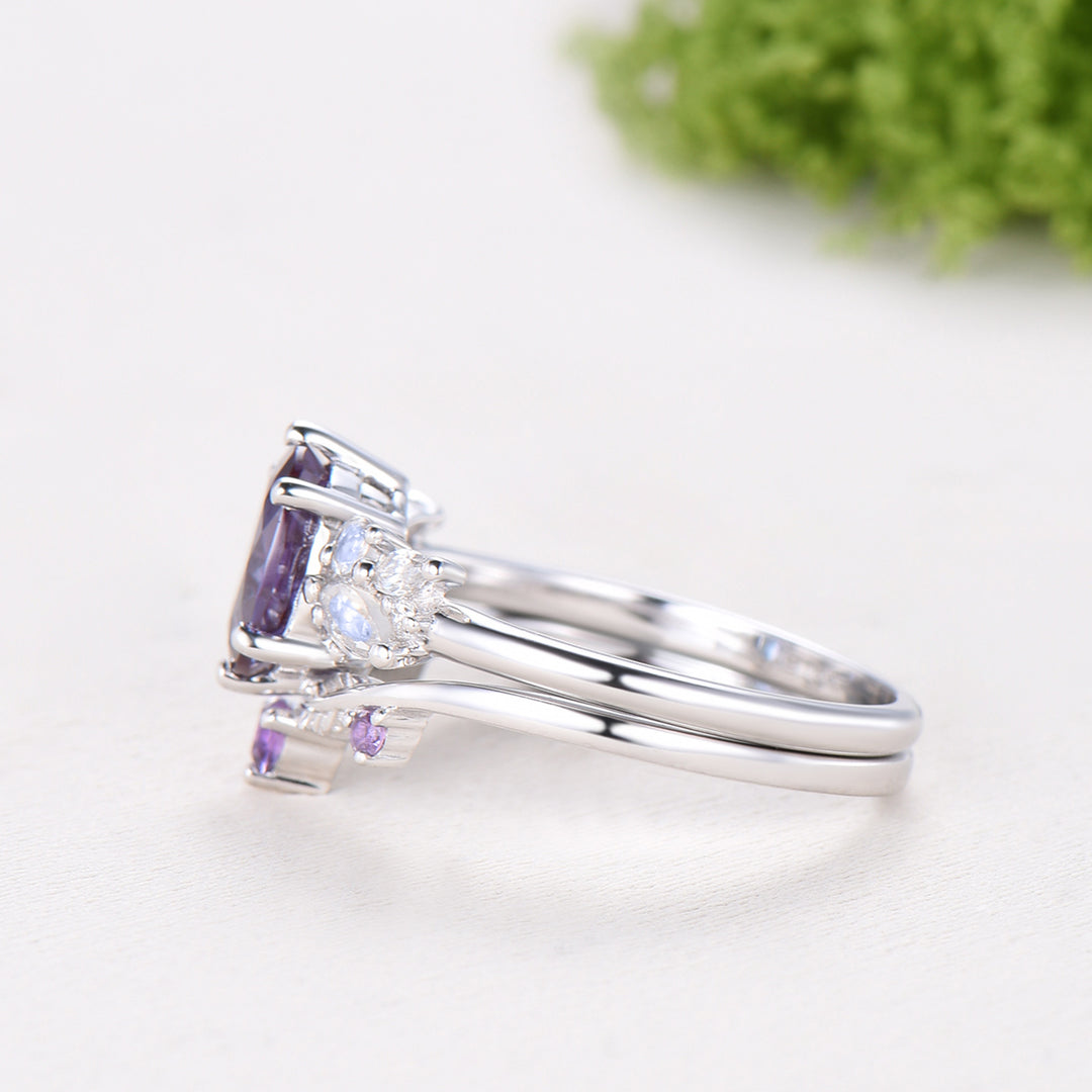 Unique Alexandrite Engagement Ring Set, 14k White Gold Moonstone June Birthstone Wedding Set, Leaf Amethyst Promise Stacking Band Bridal Set