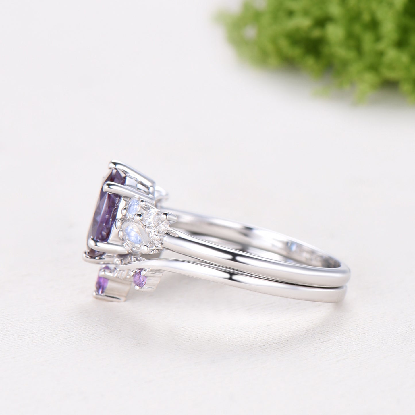 Unique Alexandrite Engagement Ring Set, 14k White Gold Moonstone June Birthstone Wedding Set, Leaf Amethyst Promise Stacking Band Bridal Set