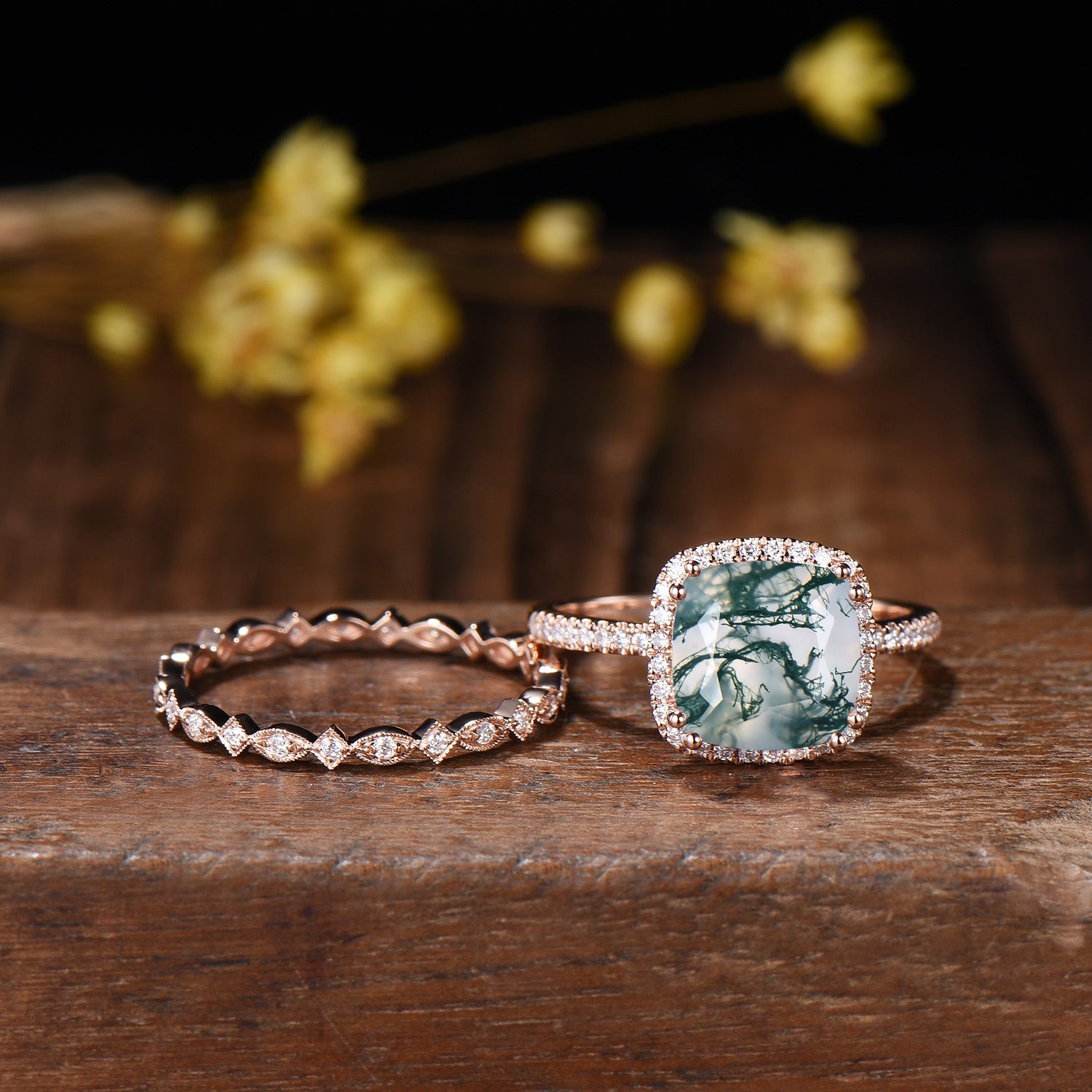 3ct Cushion Natural Moss Agate Engagement Ring Set, 14k Rose Gold Halo Diamond Bridal Ring, Art Deco Full Eternity Milgrain Band