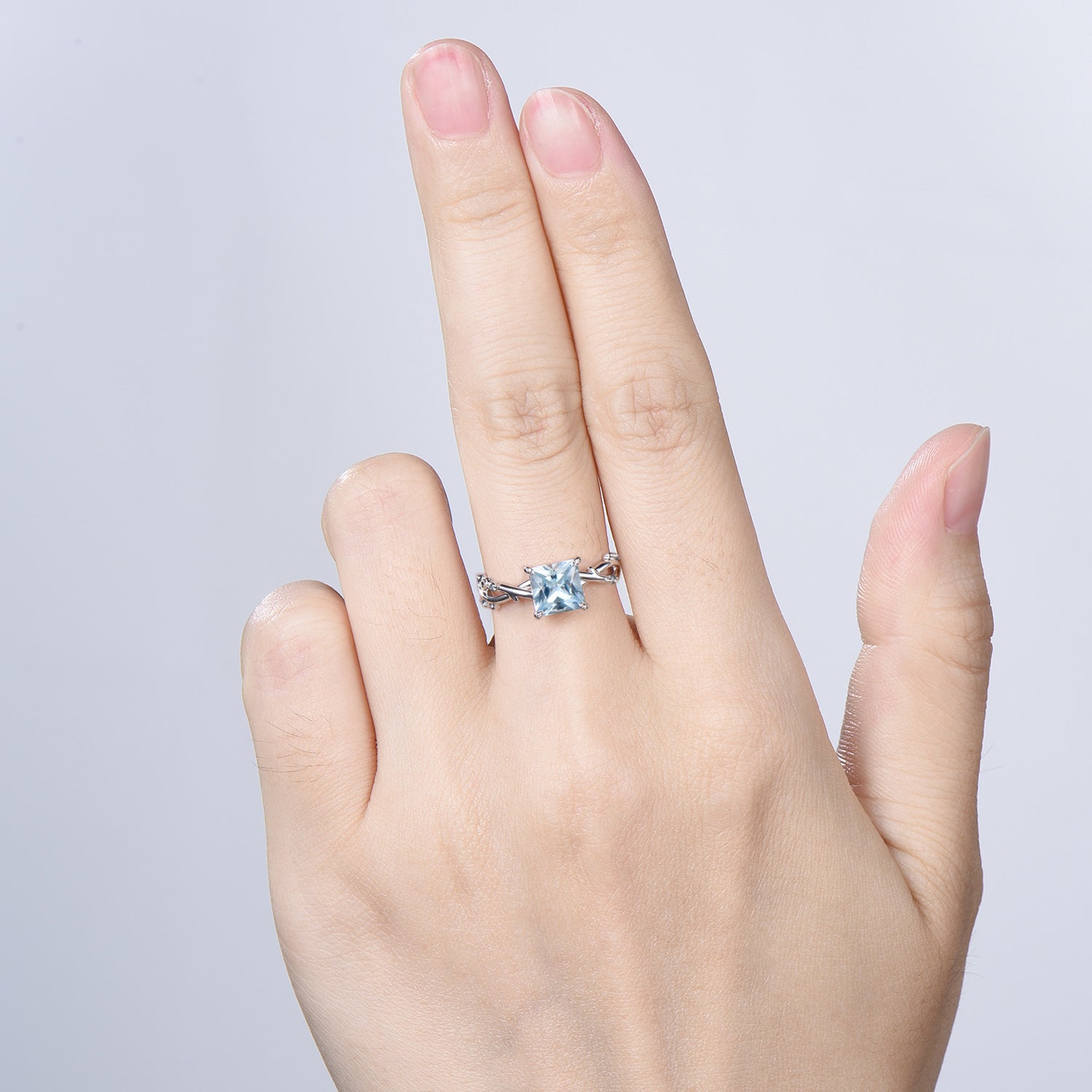 2CT Natural Princess Cut Aquamarine ring Leaf Branch March Birthstone Engagement Ring Nature Inspired Wedding Ring Unique Twig Promise Gift