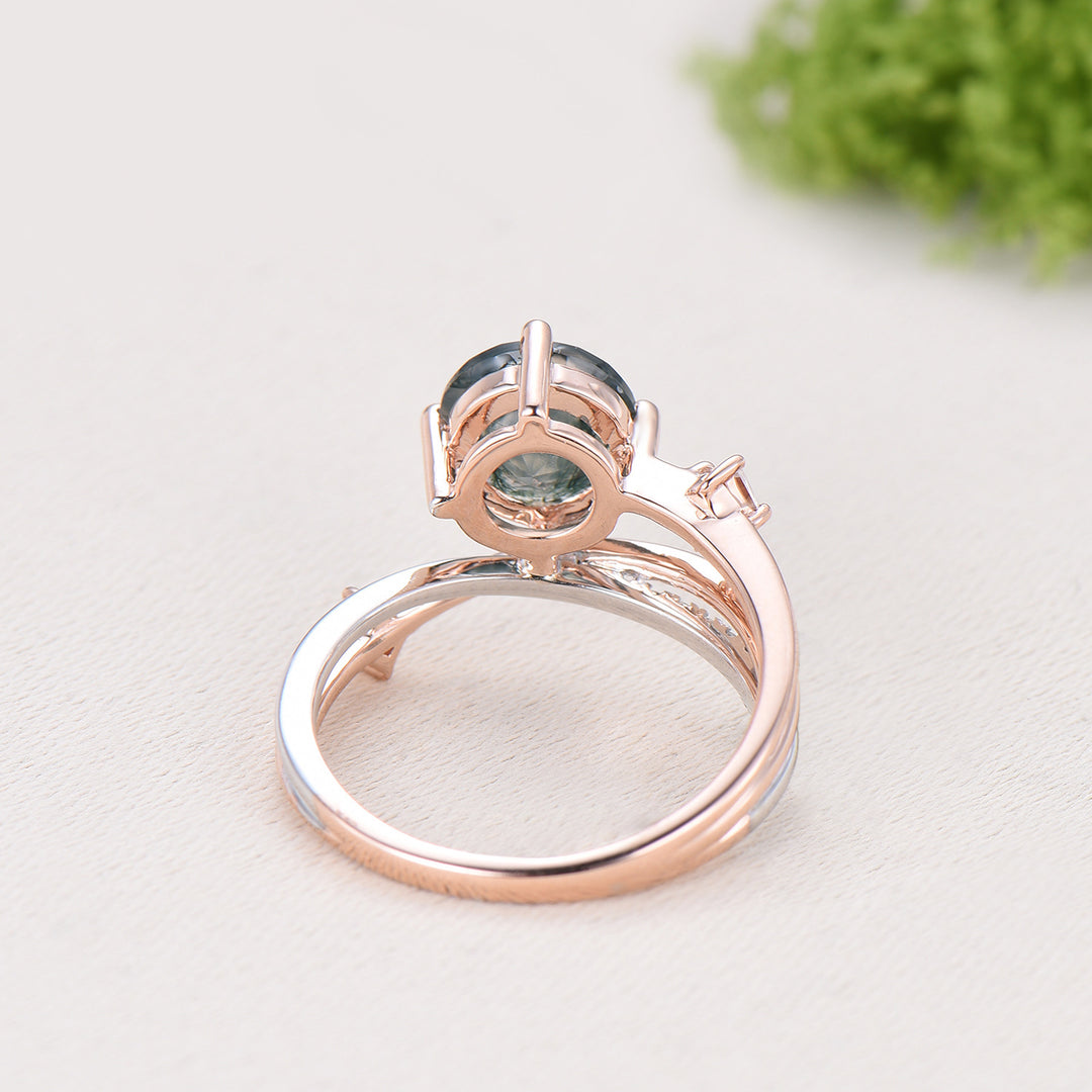 Unique Two Tone Rose White Gold Moss Agate Ring, 7mm Round Agate Split Shank Engagement Ring Twisted Diamond Band Unique Anniversary Gift