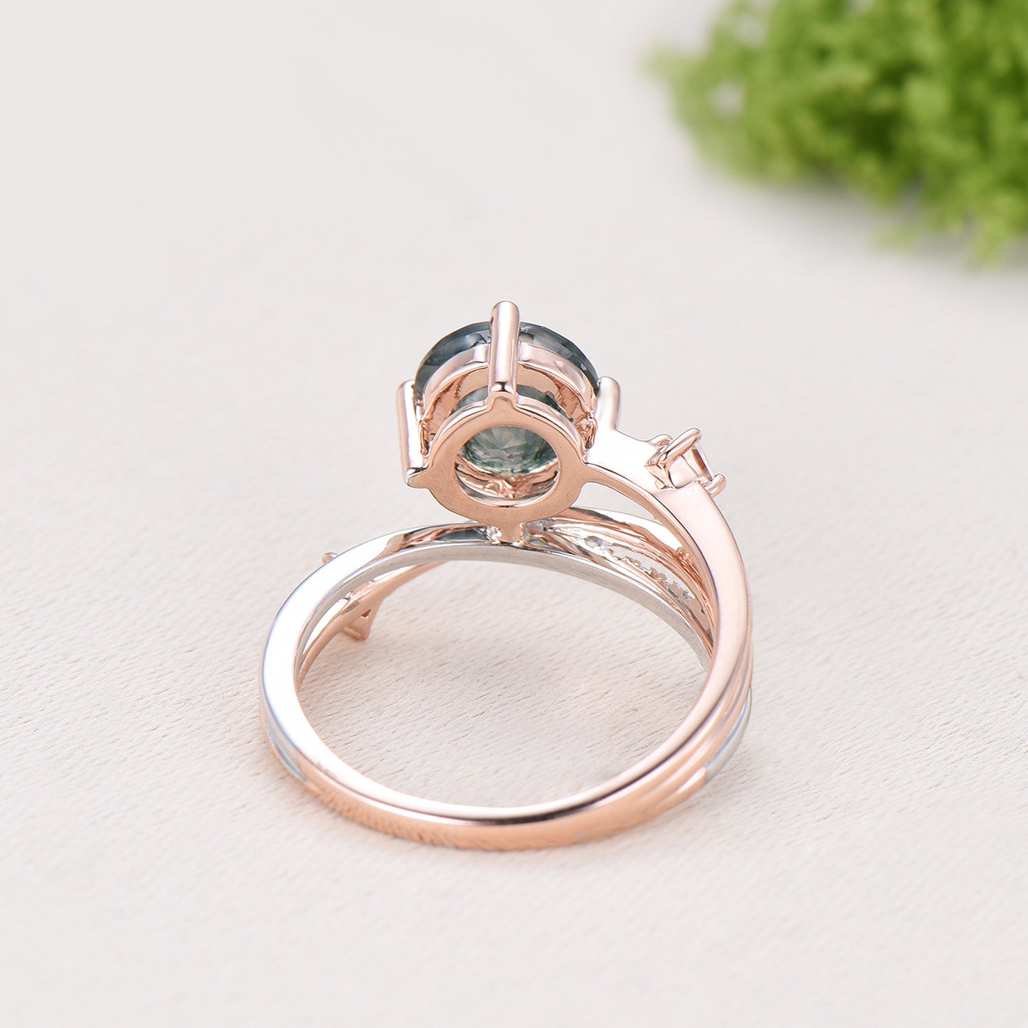 Unique Two Tone Rose White Gold Moss Agate Ring, 7mm Round Agate Split Shank Engagement Ring Twisted Diamond Band Unique Anniversary Gift