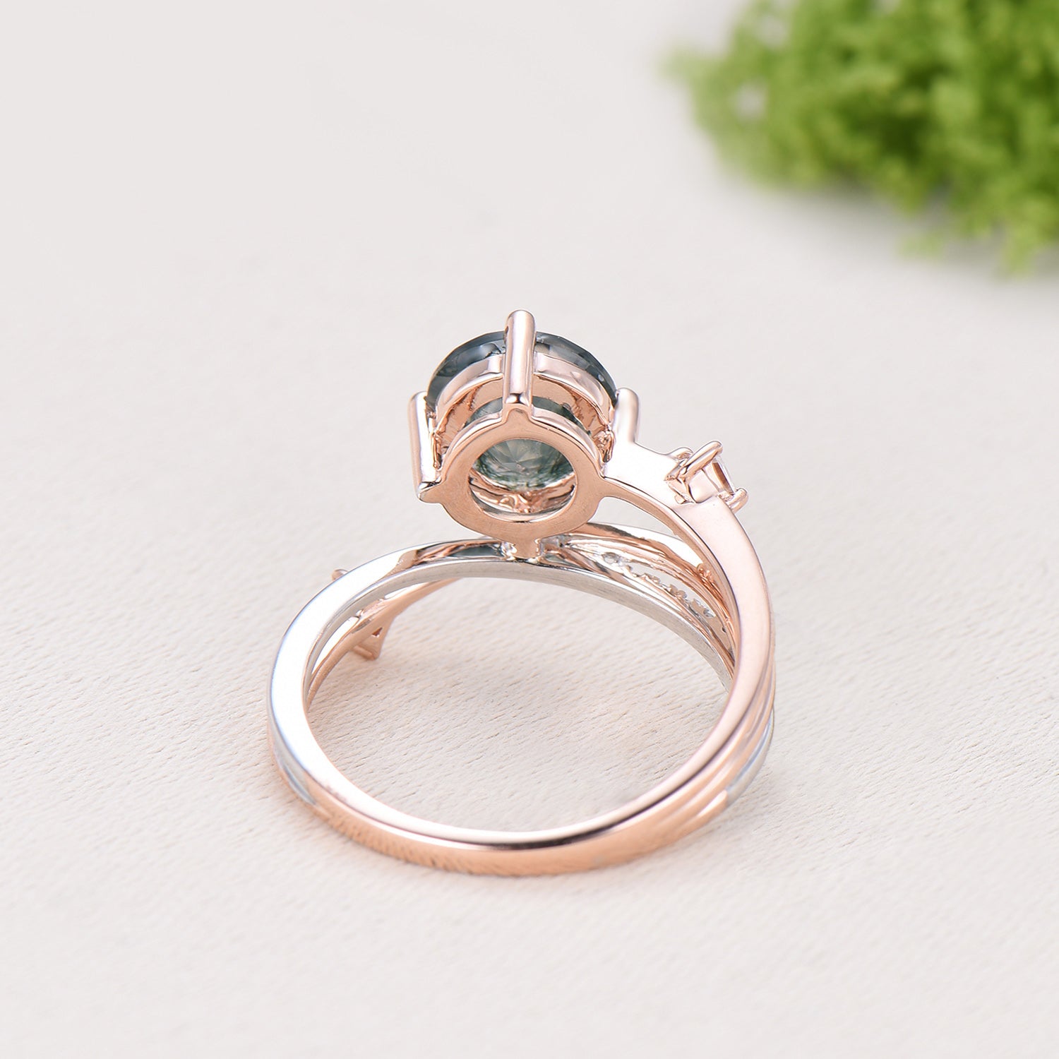 Unique Two Tone Rose White Gold Moss Agate Ring, 7mm Round Agate Split Shank Engagement Ring Twisted Diamond Band Unique Anniversary Gift