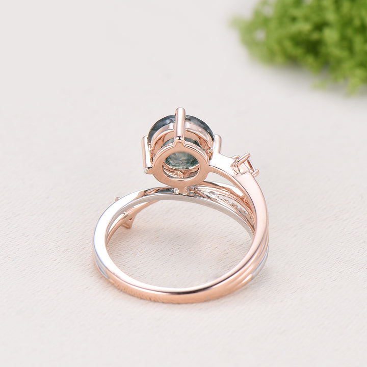 Unique Two Tone Rose White Gold Moss Agate Ring, 7mm Round Agate Split Shank Engagement Ring Twisted Diamond Band Unique Anniversary Gift