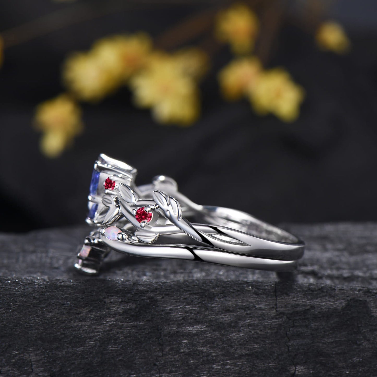 Multi-Color Leaf Twisted Bridal Set Ruby Blue Sapphire Butterfly Engagement Ring Opal Matching Band