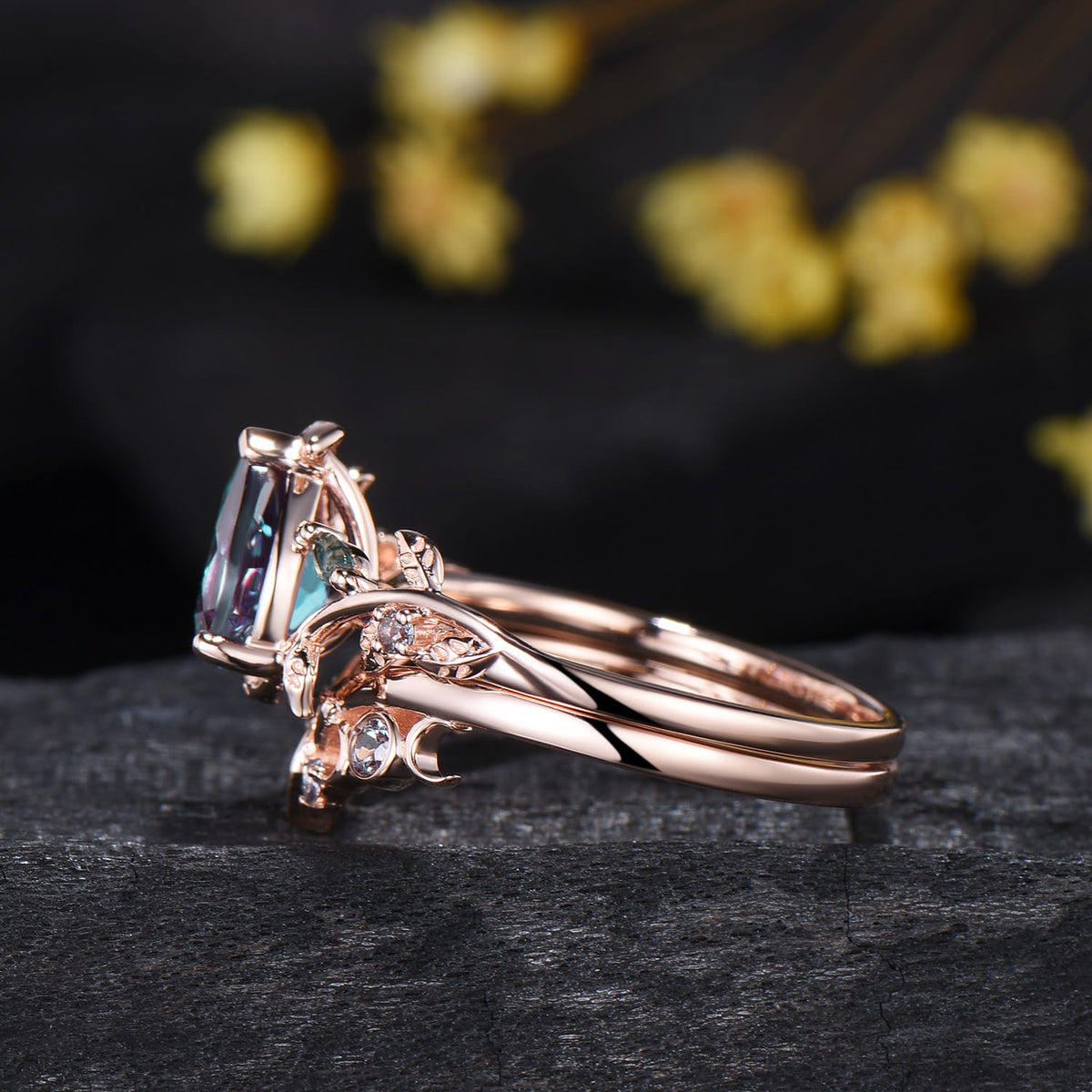 Pear Shaped Alexandrite Ring Set Leaf Vine Moss Agate Wedding Promise Gift