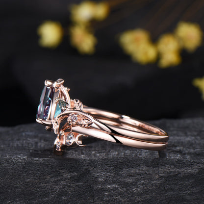 Pear Shaped Alexandrite Ring Set Leaf Vine Moss Agate Wedding Promise Gift