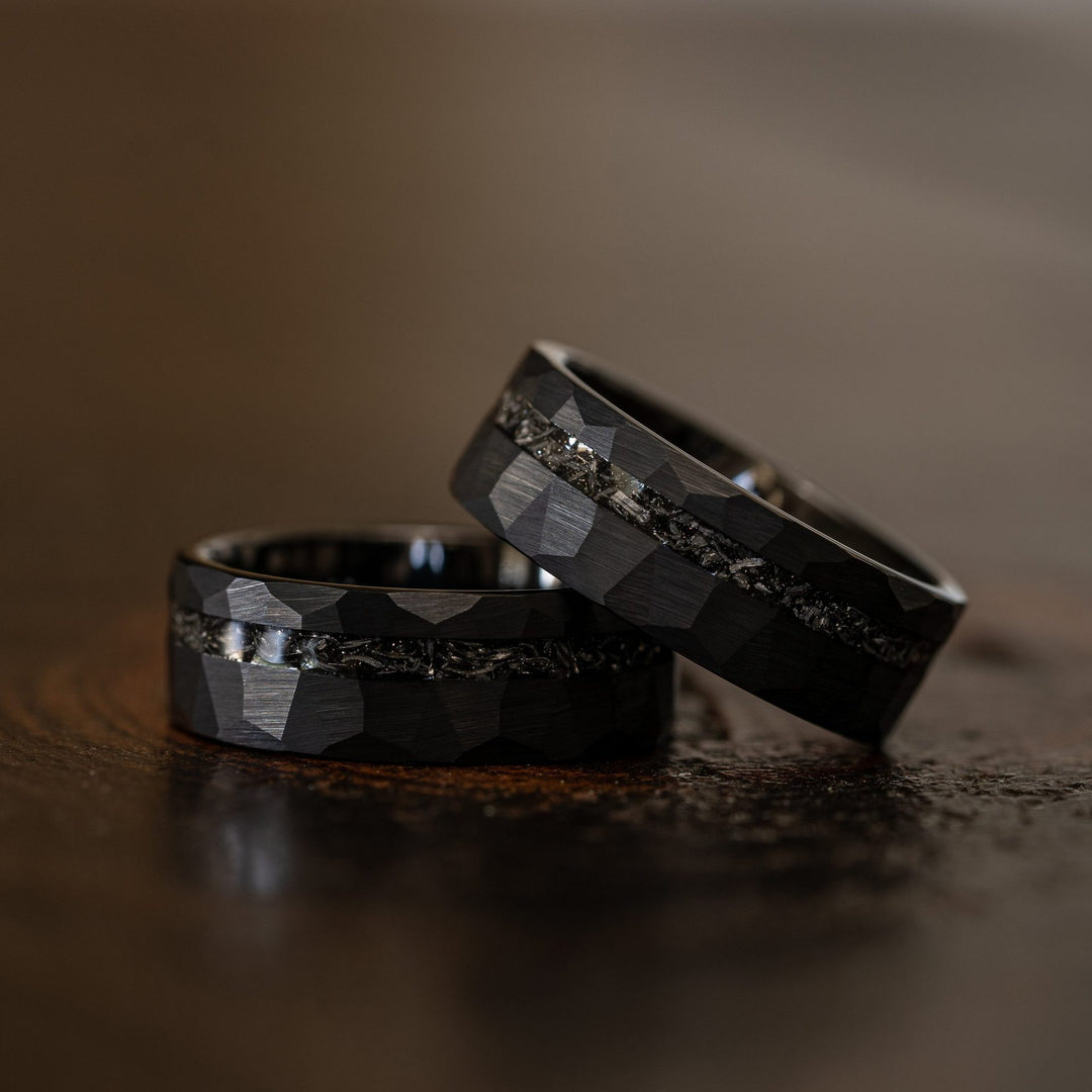 8mm tungsten gold men's wedding band steel hammered black ring inlaid with broken meteorite - PENFINE