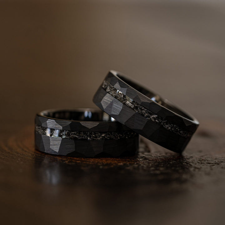 8mm tungsten gold men's wedding band steel hammered black ring inlaid with broken meteorite - PENFINE