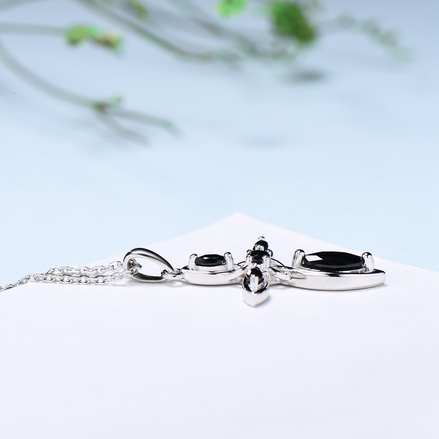 Dainty Black Spinel Cross Necklace, Sterling Silver Celtic Pendant - PENFINE