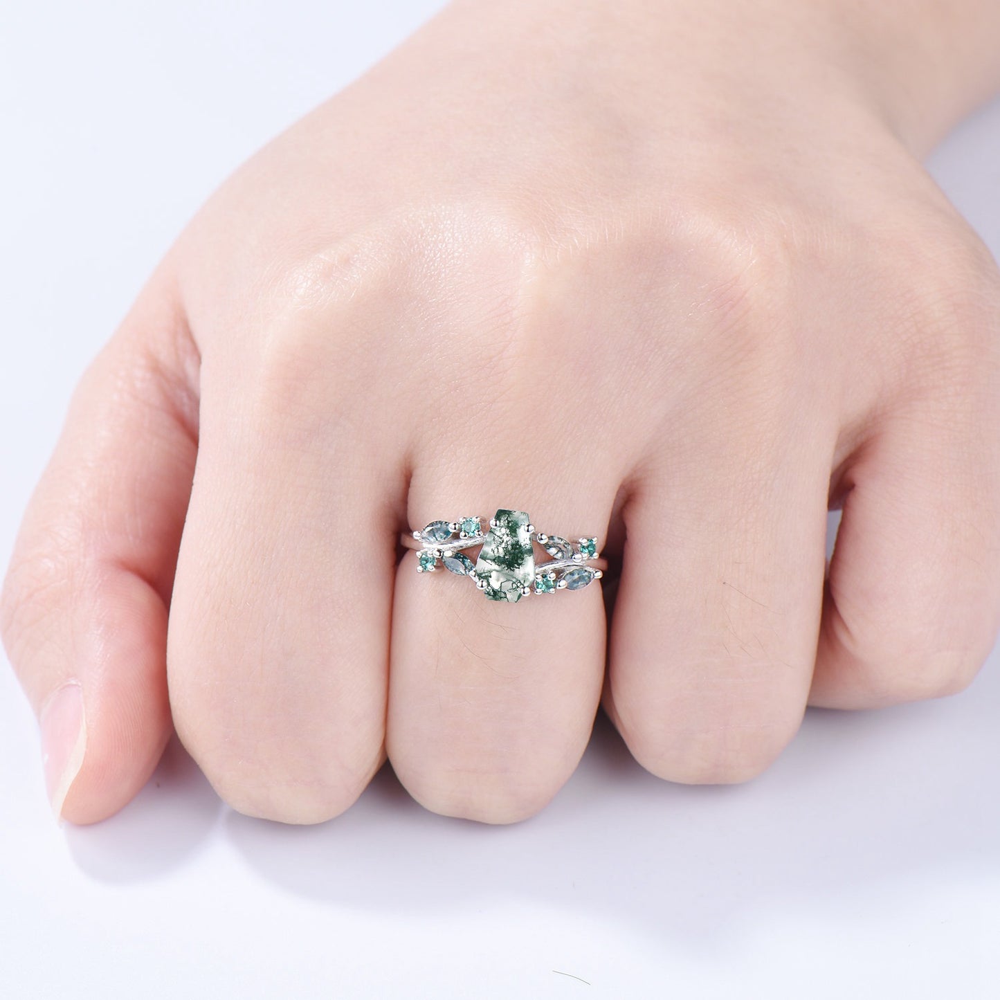 Unique Coffin Cut Moss Agate Ring Split Shank Engagement Ring Cluster Emerald Agate Wedding Ring MARRIED TILL BURIED Green Promise Ring Gift - PENFINE