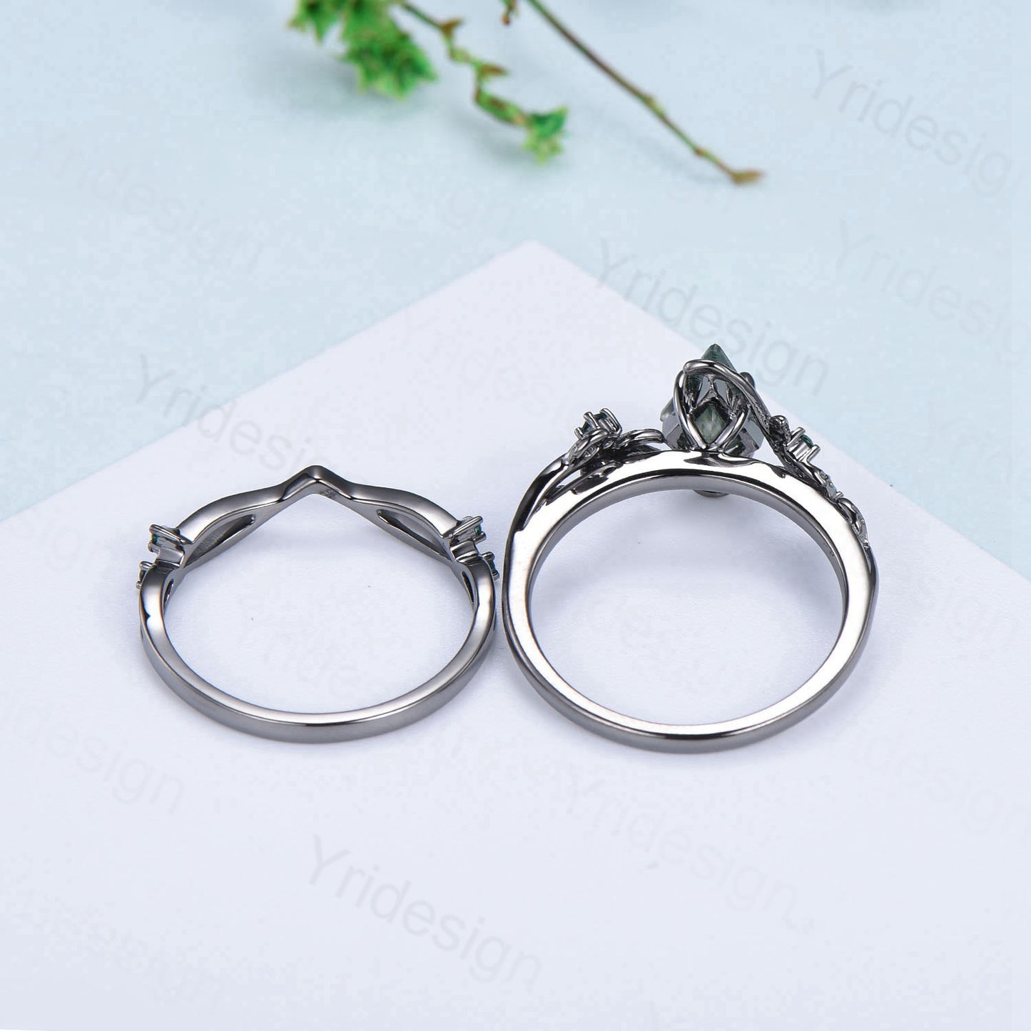 Gothic Forest Vine Kite Cut Emerald Engagement Ring Set | Black Gold & Bezel Wedding Set - PENFINE