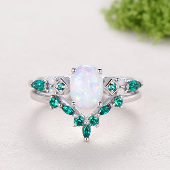 Unique Oval White Opal Engagement Ring Set , Art Deco Emerald/Turquoise Matching Band 14K White Gold Opal Emerald Wedding Bridal Set