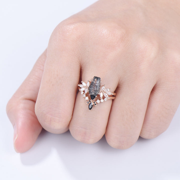 Unique Coffin Cut Black Rutilated Engagement Ring Set Art Deco Marquise Black Quartz Wedding Ring Moissanite Bridal Ring Birthday Gift Women - PENFINE