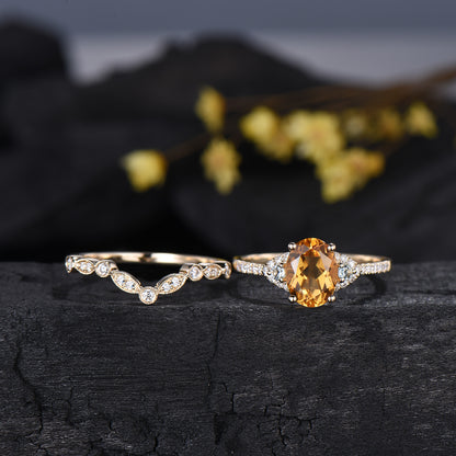 Oval Cut Natural Citrine Engagement Ring Diamond Matching Band Cluster Bridal Set