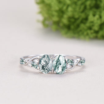 Natural Oval Cut Toi et Moi Moss Agate Engagement Ring | 14K White Gold Marquise Cut Vine Eternity Band - PENFINE