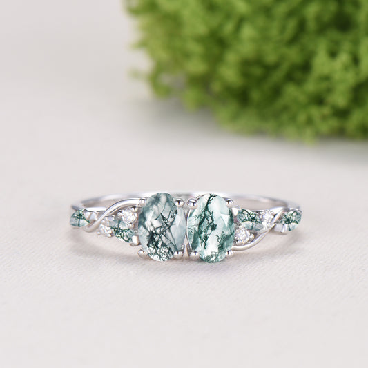 Natural Oval Cut Toi et Moi Moss Agate Engagement Ring | 14K White Gold Marquise Cut Vine Eternity Band - PENFINE