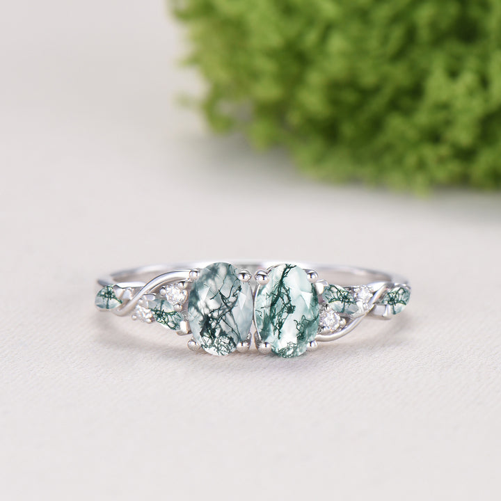 Natural Oval Cut Toi et Moi Moss Agate Engagement Ring | 14K White Gold Marquise Cut Vine Eternity Band - PENFINE