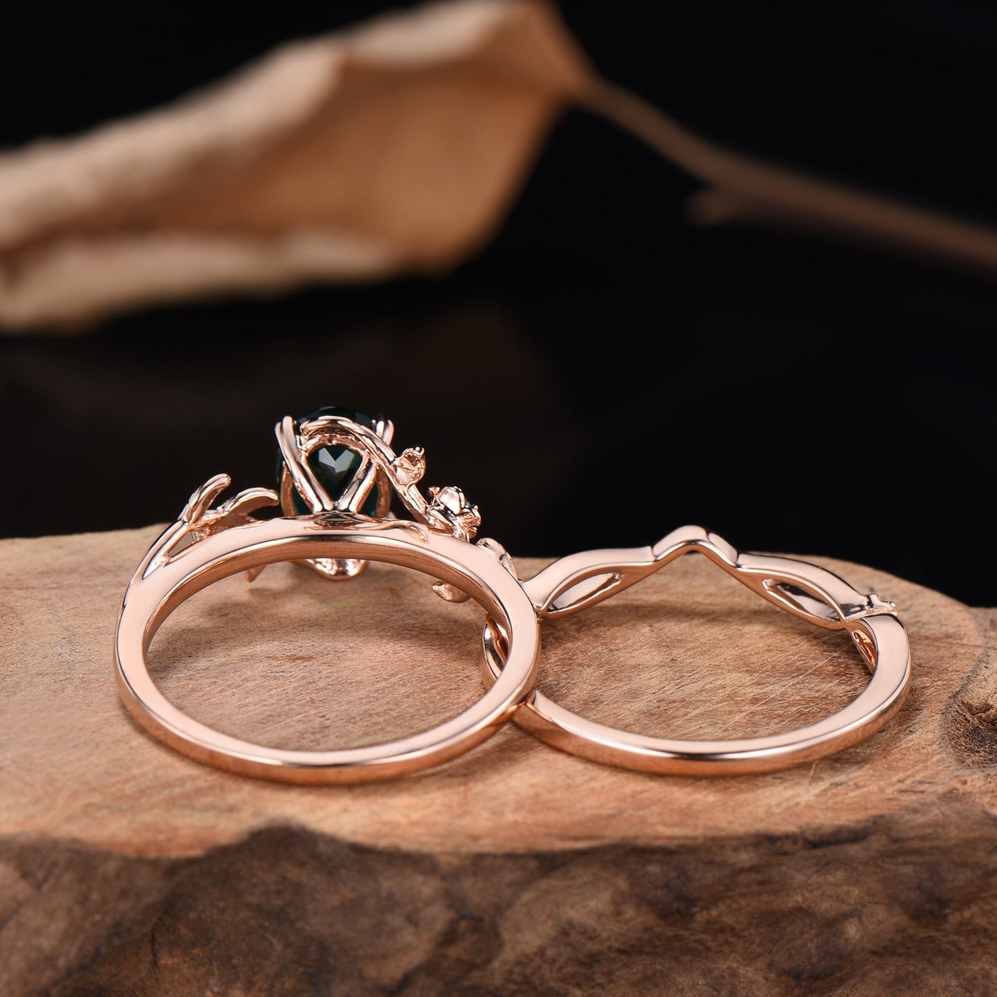 Emerald Floral Ring Set: Rose Gold Twig, Leaf, Art Deco Bridal Ring
