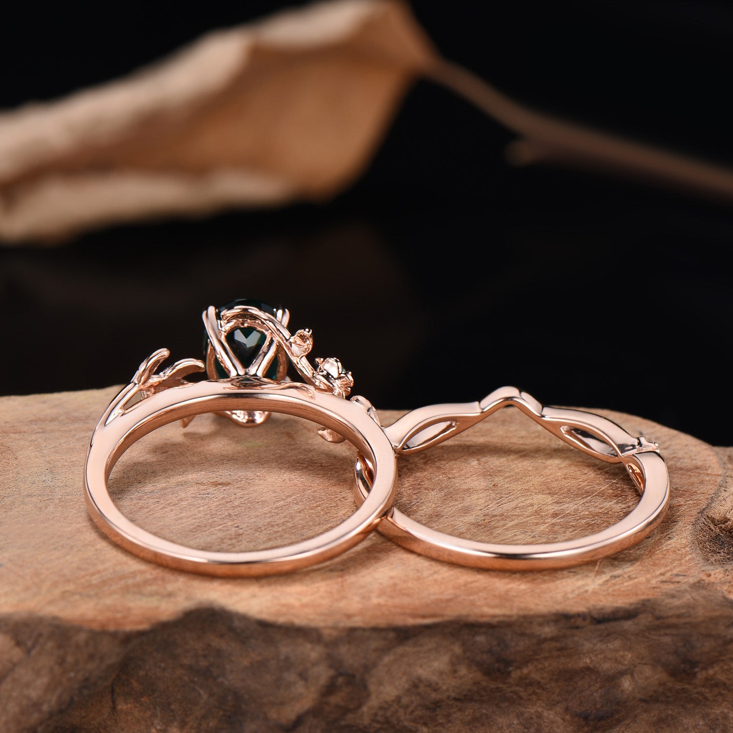 Emerald Floral Ring Set: Rose Gold Twig, Leaf, Art Deco Bridal Ring