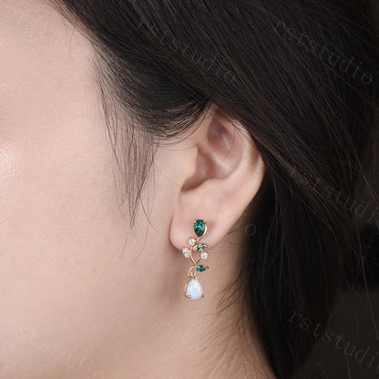 Nature Inspired Pear Shaped White Opal Earrings Emerald Fire Opal Leaf Stud Earrings Silver Earrings Handmade Anniversary Promise Gift