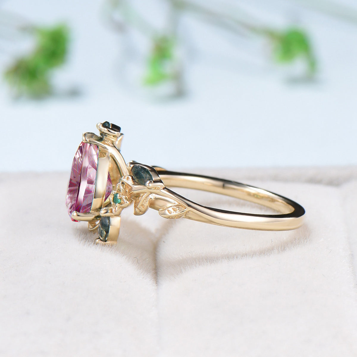 Teardrop Shaped Fantasy Cut Ruby Frog Engagement Ring Emerald 3 Stone Ring