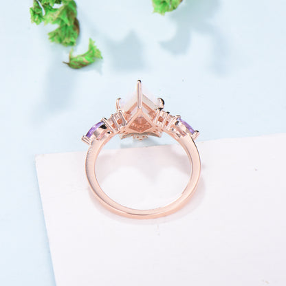 Unique opal and amethyst ring Vintage fire opal engagement ring solid 14k rose gold art deco kite cut cute opal wedding ring for women - PENFINE