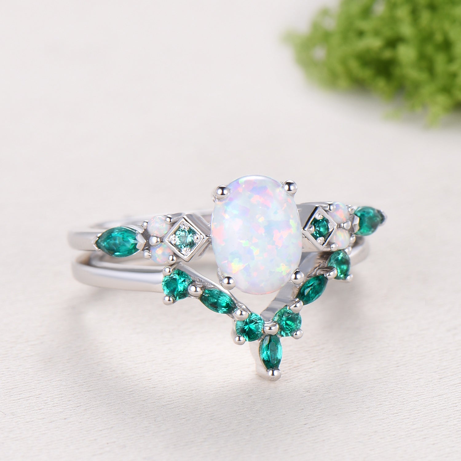 Unique Oval White Opal Engagement Ring Set , Art Deco Emerald/Turquoise Matching Band 14K White Gold Opal Emerald Wedding Bridal Set