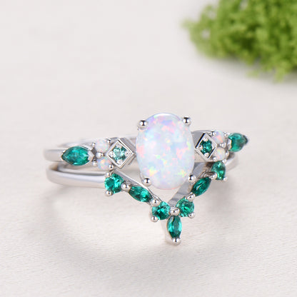 Unique Oval White Opal Engagement Ring Set , Art Deco Emerald/Turquoise Matching Band 14K White Gold Opal Emerald Wedding Bridal Set