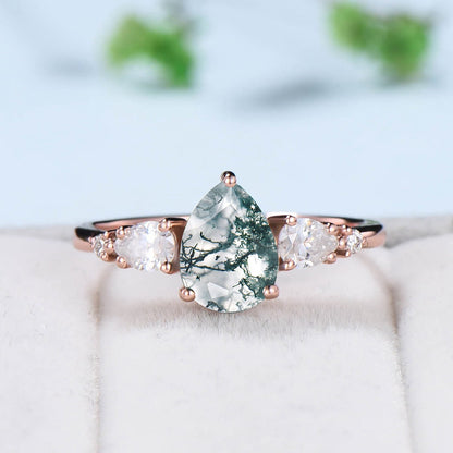 1.25CT Pear Moss Agate Engagement Ring Set Curved Alexandrite Stacking Ring Rose Gold Green Crystal Moissanite Wedding Ring Set For Women - PENFINE