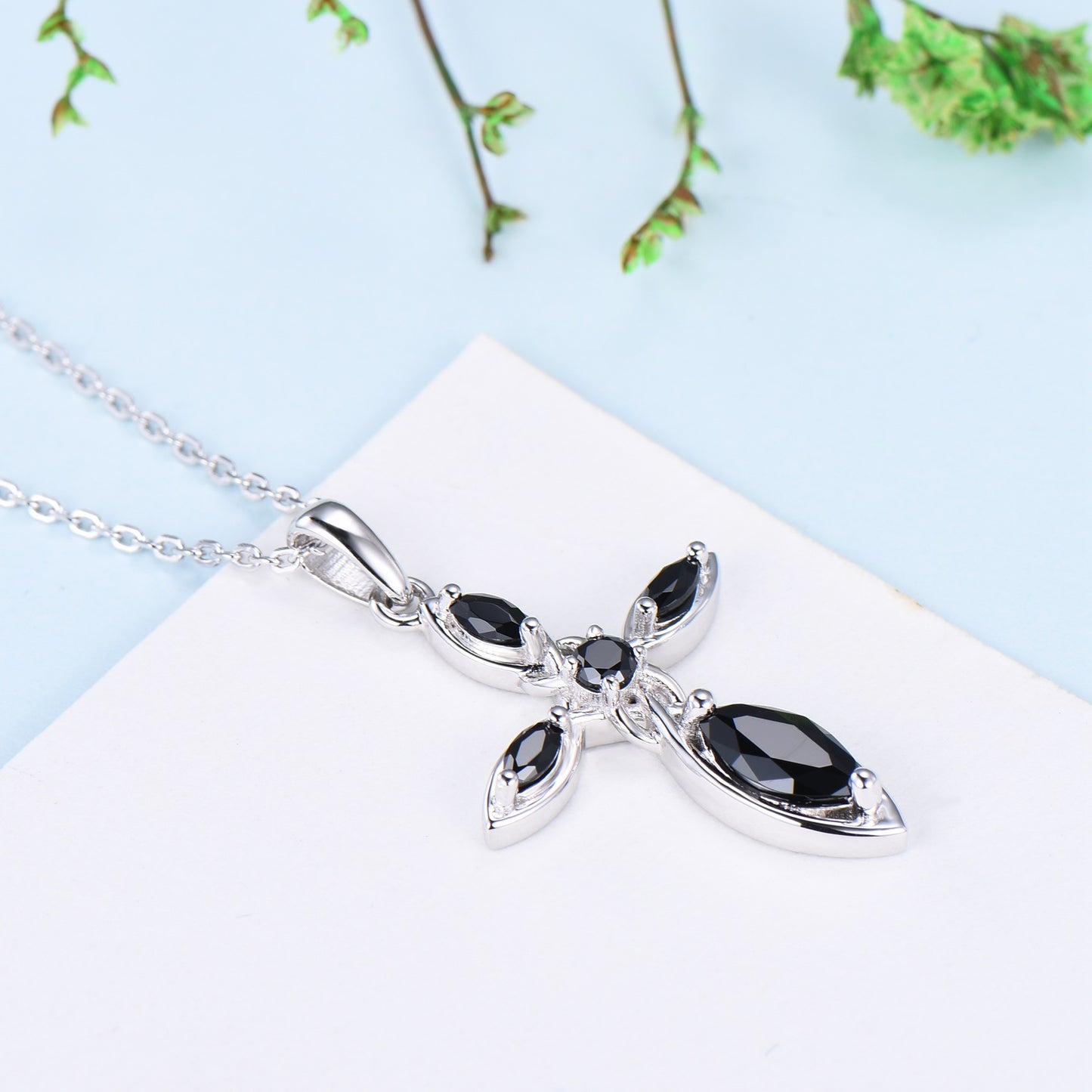 Dainty Black Spinel Cross Necklace, Sterling Silver Celtic Pendant - PENFINE