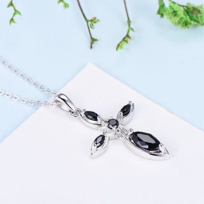 Dainty Black Spinel Cross Necklace, Sterling Silver Celtic Pendant - PENFINE